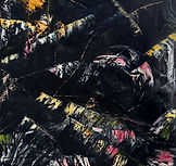 A Liquorish All-sorts of a painting, primarily blue/black with flashes of colour. Abstract.