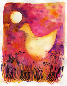 A Mixed Media of  a chicken on a red yellow sunlit background