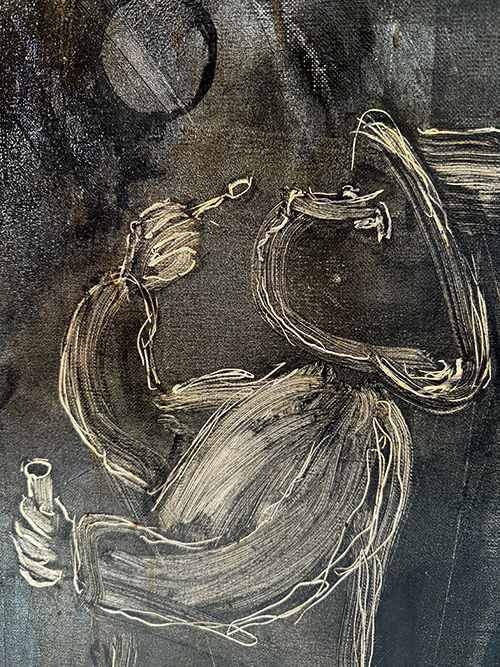 Detail van bellenblazend figuurtje in schilderij Oorlog in mijn hart van Albert-Jan.