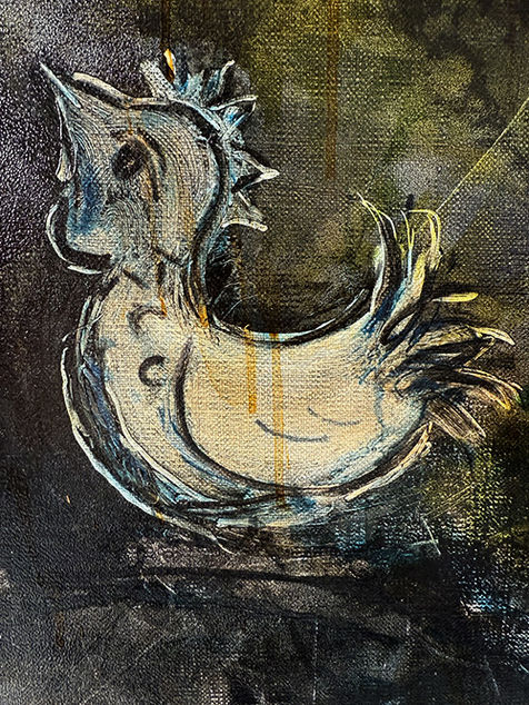 Detail van opblaasfiguur (eend) als symbool van kind-zijn in schilderij Oorlog in mijn hart.