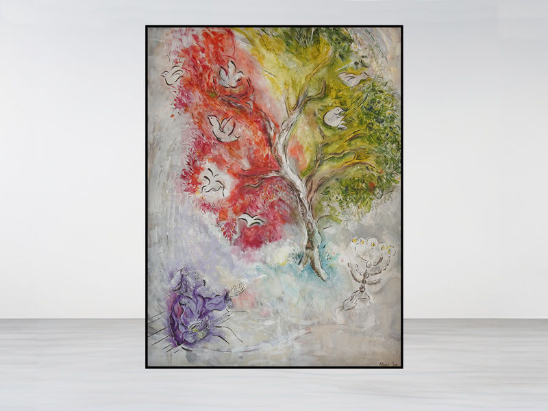 Schilderij Behind us only grey van Albert-Jan van de Pol in lichte ruimte, met levensboom en winterlandschap.