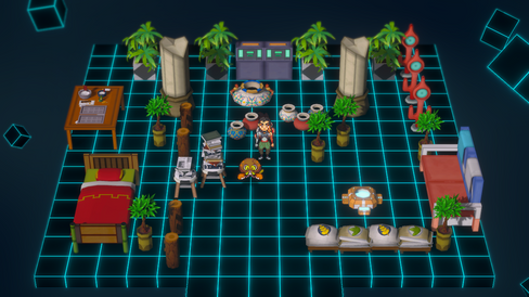 A dark room with a grid-square floor being decorated