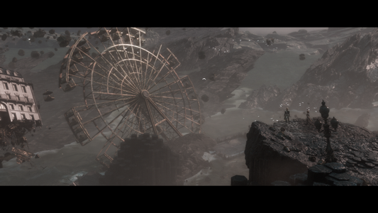 Several characters stand on a cliff overlooking waters where a giant Ferris wheel lies broken.
