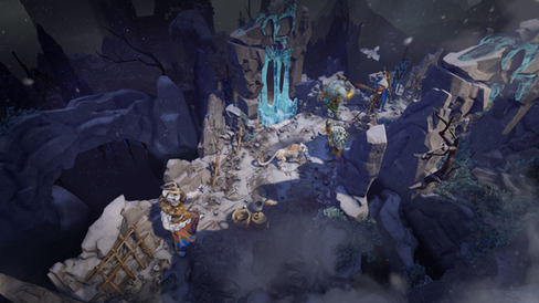 A narrow mountain pass is home to an intense battle. Full of icy terrain and wooden debris.