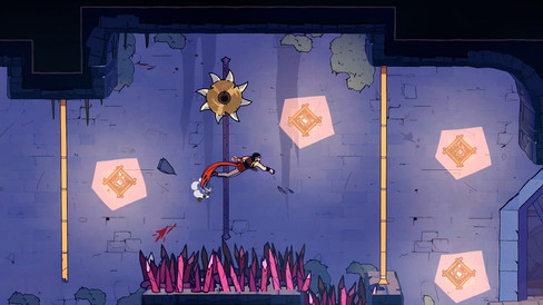 The Prince jumps over a spike pit, avoiding blades as he leaps from pole to pole.