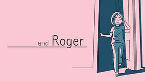 A girl stands in a doorway, running her fingers through her hair. The walls are pink, and her attire is blueish green.
