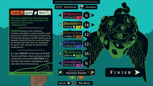 A menu showing stats, and a description of Wisdom