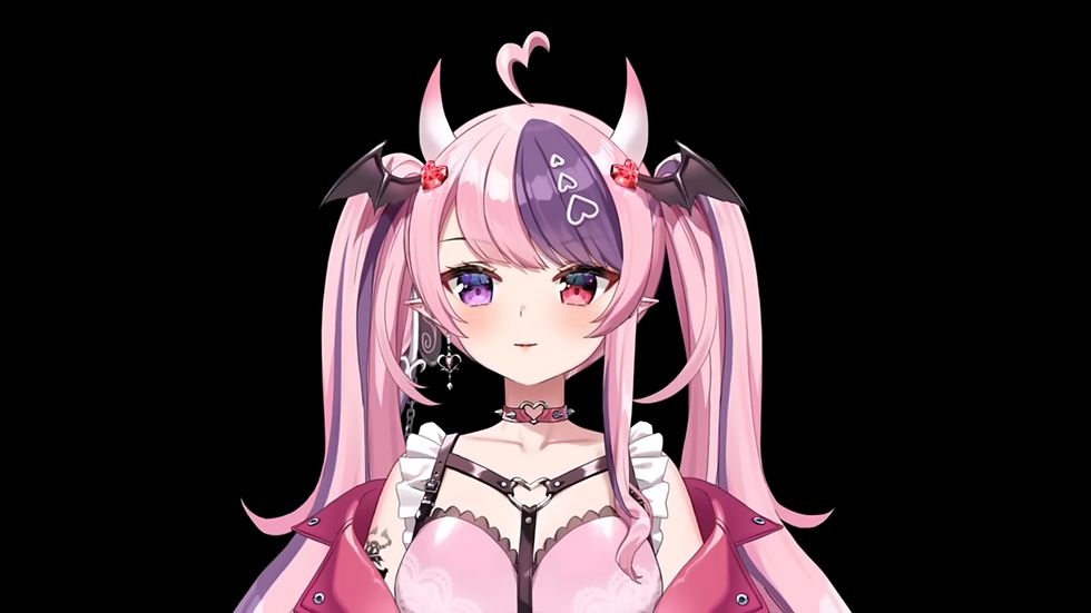 VTuber ironmouse sits against a black background. She has pink hair, reddish eyes, pigtails and horns.