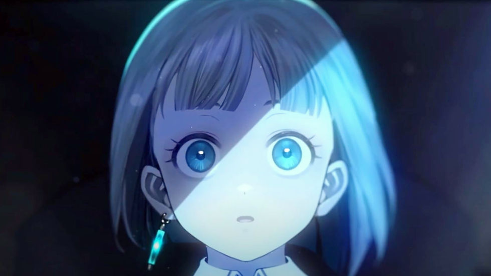 A surprised character with blue eyes and silver hair is illuminated by a diagonal light in a dark setting. A glowing earring is visible.