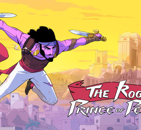 A man soars through the air while holding daggers. A city skyline is visible in the background.