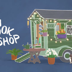 Text reads "Tiny Bookshop", a small trailer adorned with lights sits in the frame.