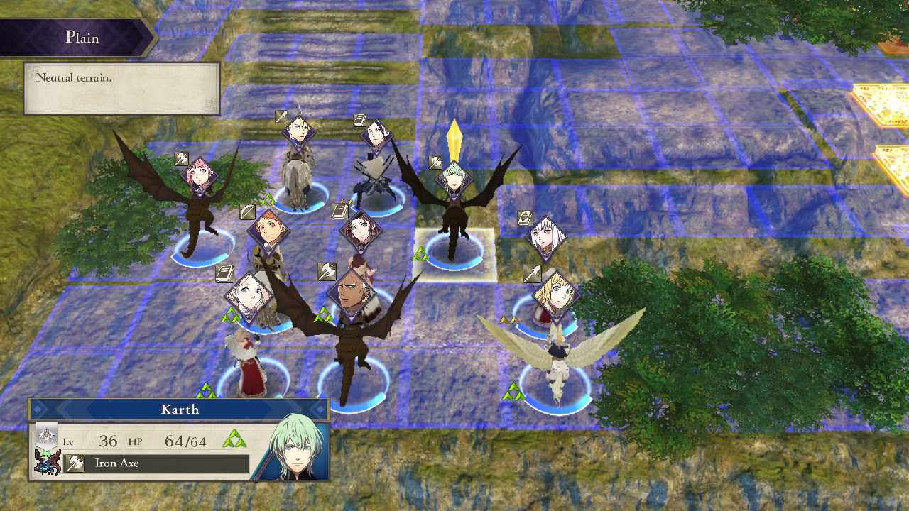Several characters are on a grid-based battlefield, with blue squares showing the range of movement of a selected unit.