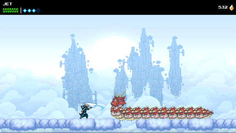 A red Dragon recoils in pain as the ninja slashes it with a sword.