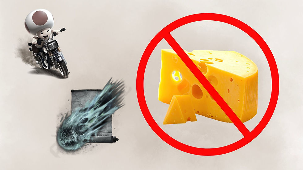Images of a cheese crossed out, a mushroom-headed guy riding a motorcycle, and a blue comet superimposed upon a scroll are shown against a beige background