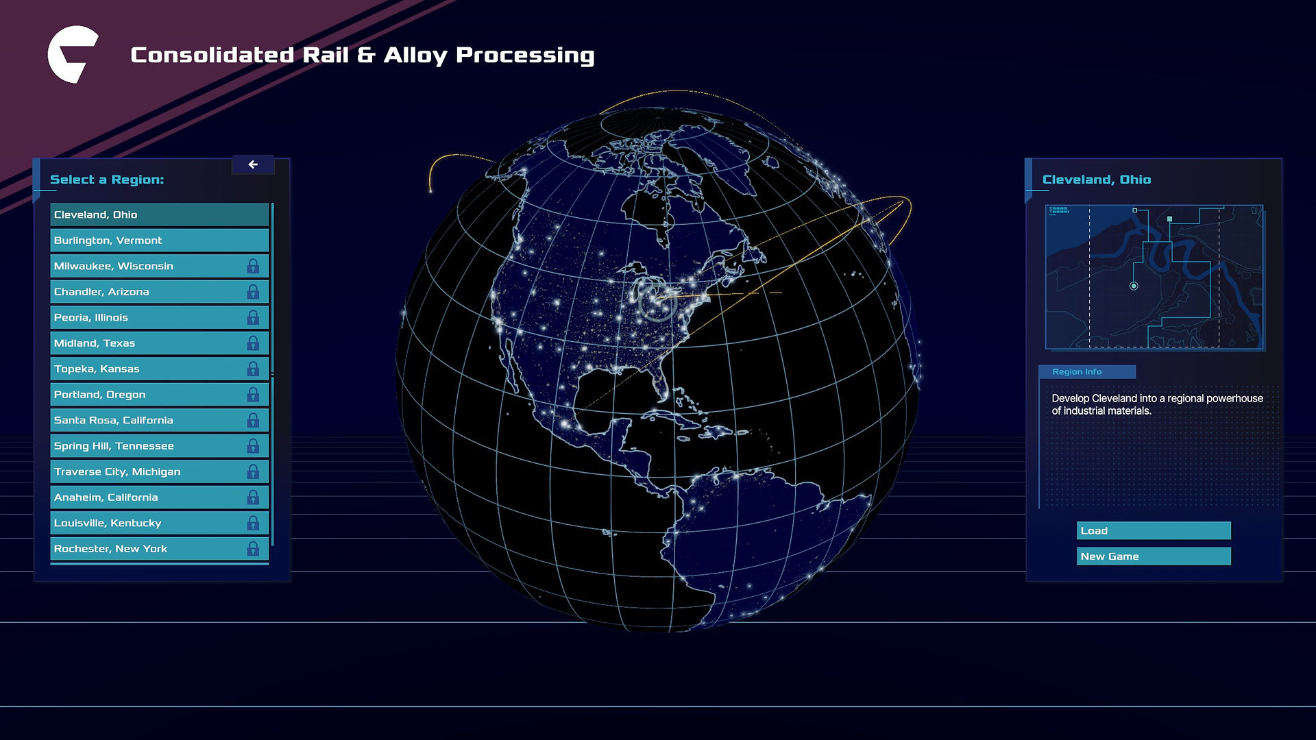 A digitized globe spins in the background. A list of regions to choose from sits on the left-hand side of the screen.