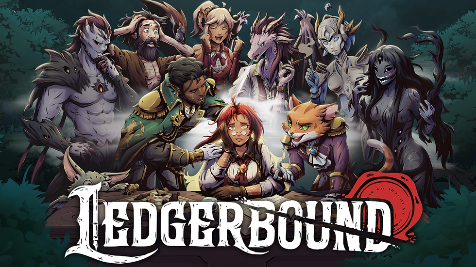 Text reads "Ledgerbound". A large group of characters including cat men, demon-looking folks, a squirrel girl, and robot all surround a woman with red hair who looks distraught.