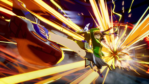 a young girl doing a flying kick, background is full of bright lines