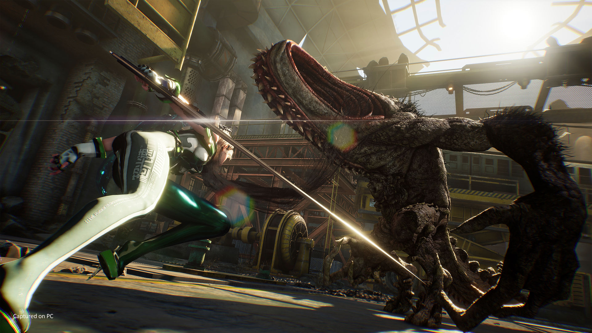A woman in a tight suit charges toward a large, monstrous entity while holding her sword in her left hand.