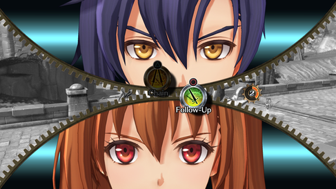 Two characters eyes are shown on the screen, one on top and the other on the bottom, indicating they can team up for an attack. The text "Follow-up" can be seen next to a gauge and circle button prompt.