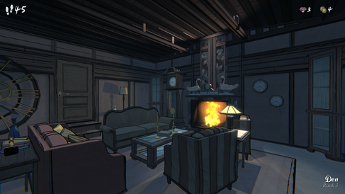 A dimly lit room with 3 couches, a coffee table, and a lit fireplace.