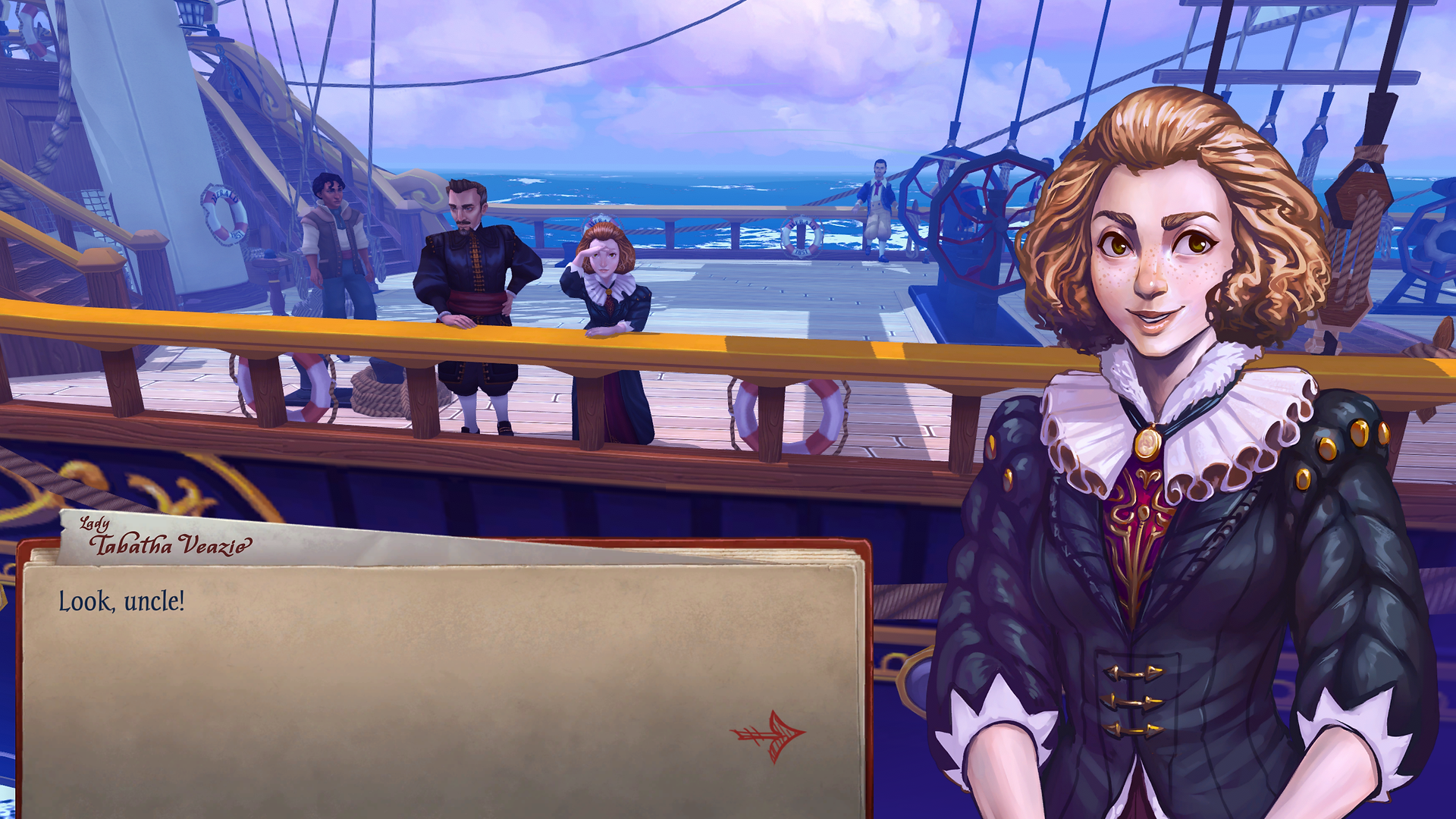 A young woman and a middle aged man stand on the deck of a ship near the railing and speak.
