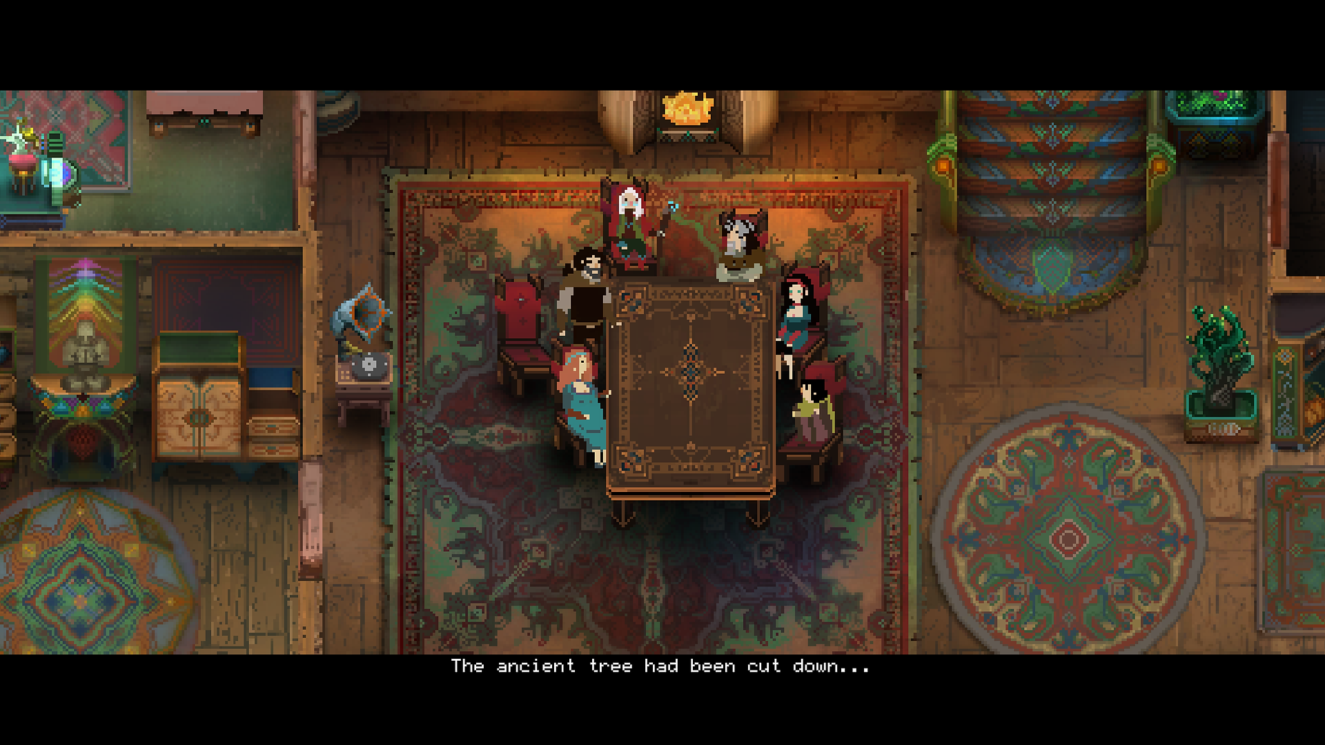 A family sits at a large table, eating dinner within a massive manor. Text reads "The ancient tree had been cut down..."
