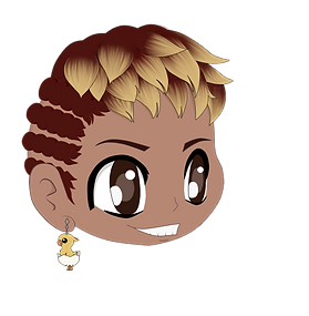 Cartoon styled image depicting a man's head. Dark brown hair with blonde highlights. Has an earring.
