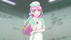 Anime character with pink hair and nurse outfit stands with her hand on her chin.