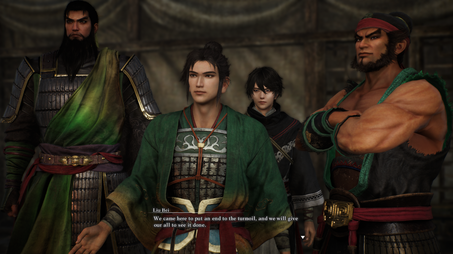 Three men in green, two with beards, stand in front of another robed man. The shortest man in the middle, wearing green, says " We came here to put an end to the turmoil, and we will give our all to see it done."