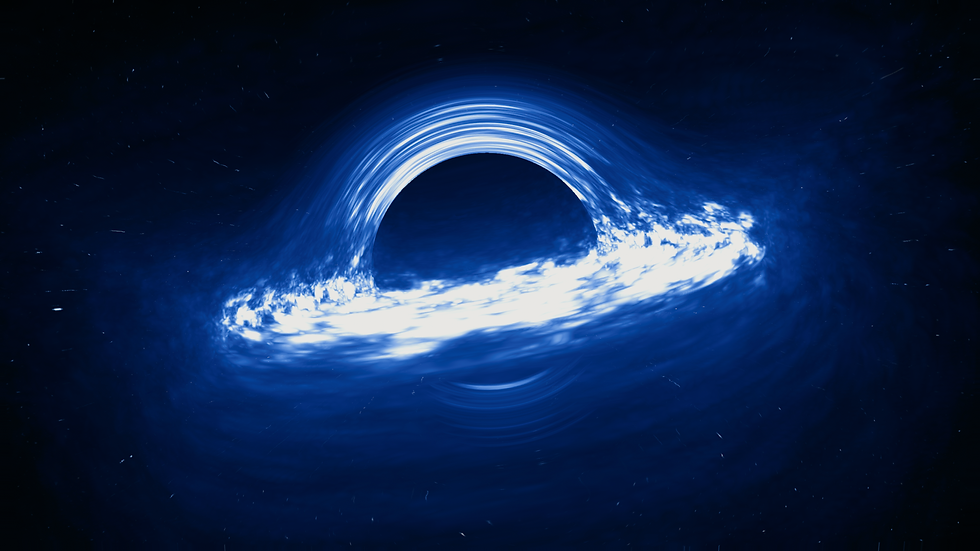 A supermassive black hole. Blue light brightens the event horizon.