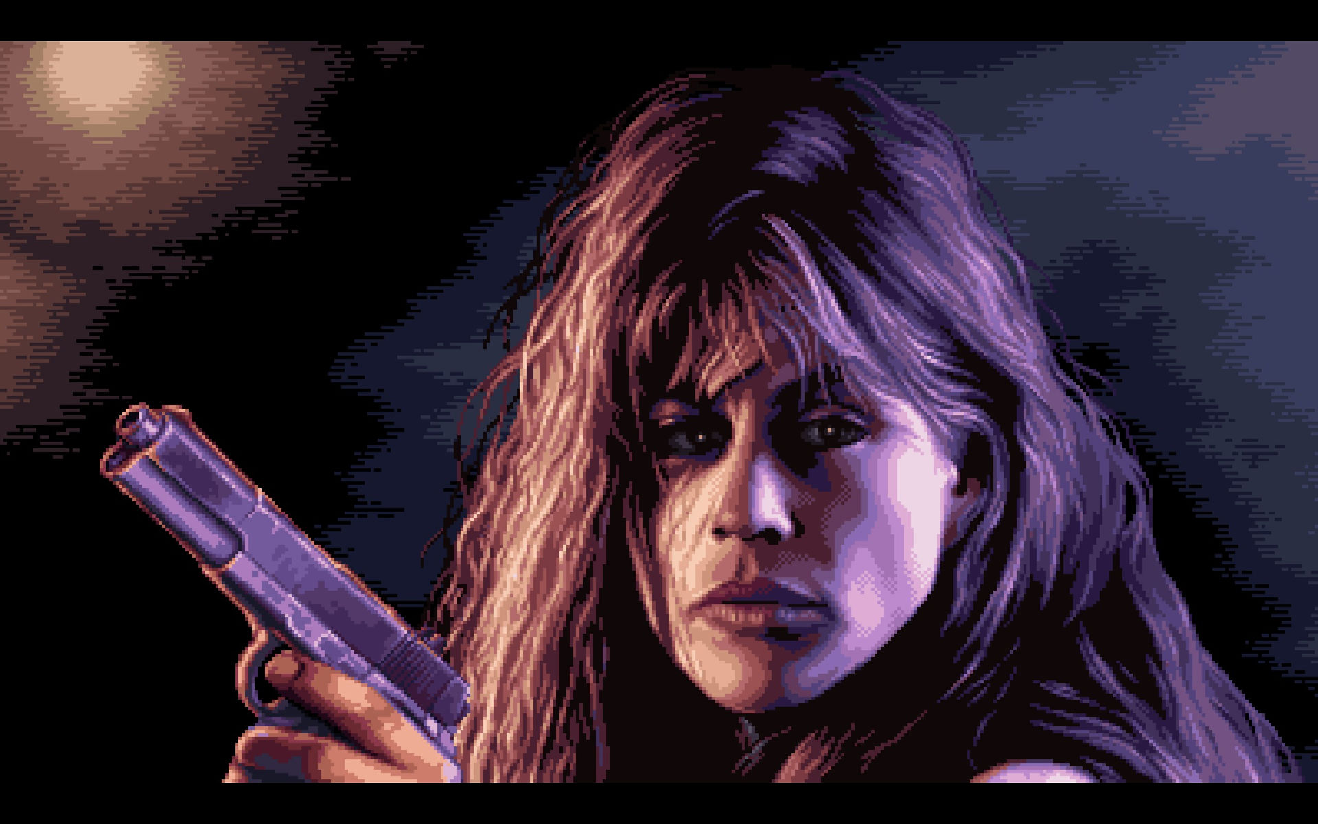A woman with long hair holds her gun at the ready.