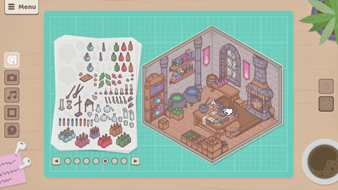 A room with stone walls and wood panel flooring. Stickers of tools and beakers appear on the left for the player to place.