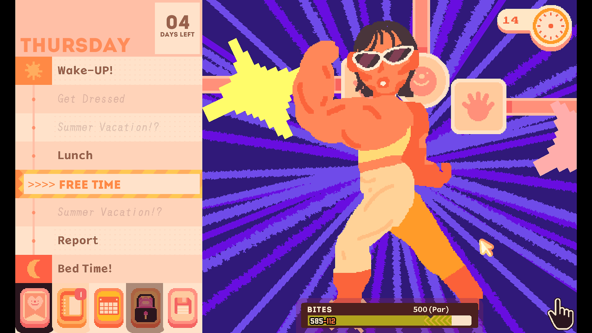 A muscular woman poses and flexes at the camera. The background is blue and flashing. there is a menu on the left hand side of the screen detailing the daily progression of activities.