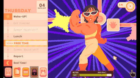 A muscular woman poses and flexes at the camera. The background is blue and flashing. there is a menu on the left hand side of the screen detailing the daily progression of activities.