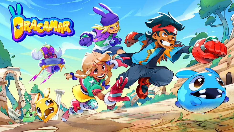 "Dracamar", three human characters and a small creature run forward in an cartoon-style image.