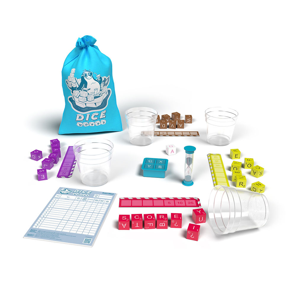The contents of the dice words package include: four dice-rolling cups, four full sets of seven dice for players, a 4-piece set of ice cube dice for the target letters, an ice cube tray, a sugar cube die, a sand-timer, a score-keeping pad (50 sheets), a rulebook, a storage bag, and four “drinking straw boards” (a cardboard piece that helps track the number of letters used in a word plus bonus points awarded). It’s everything you need to play the game minus a pen or pencil for each player, which will be needed to track scores on the score pads.
