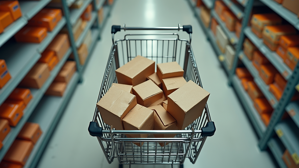 High angle view of a shopping cart filled with various packages