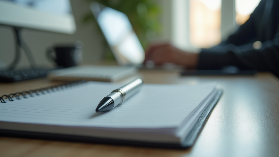 Close-up view of a desk with a phone, notebook, and pen ready for a support call