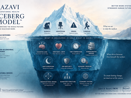 Razavi Occupational Health Iceberg model showing visible burnout outcomes above the waterline and hidden workplace stress exposures such as cognitive overload, time pressure, and emotional demand below the surface