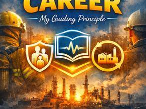 A dramatic Occupational Medicine graphic showing industrial workers in protective gear overlooking a refinery and worksite at sunrise, symbolizing prevention and long-term worker health. The central message reads “Have a Healthy Career – My Guiding Principle,” with icons representing workforce protection, medical surveillance, and safe industry systems. The image emphasizes legacy-based occupational health, prevention over compliance, and sustainable careers, signed by Jalees Razavi, Occupational Medicine specialist.