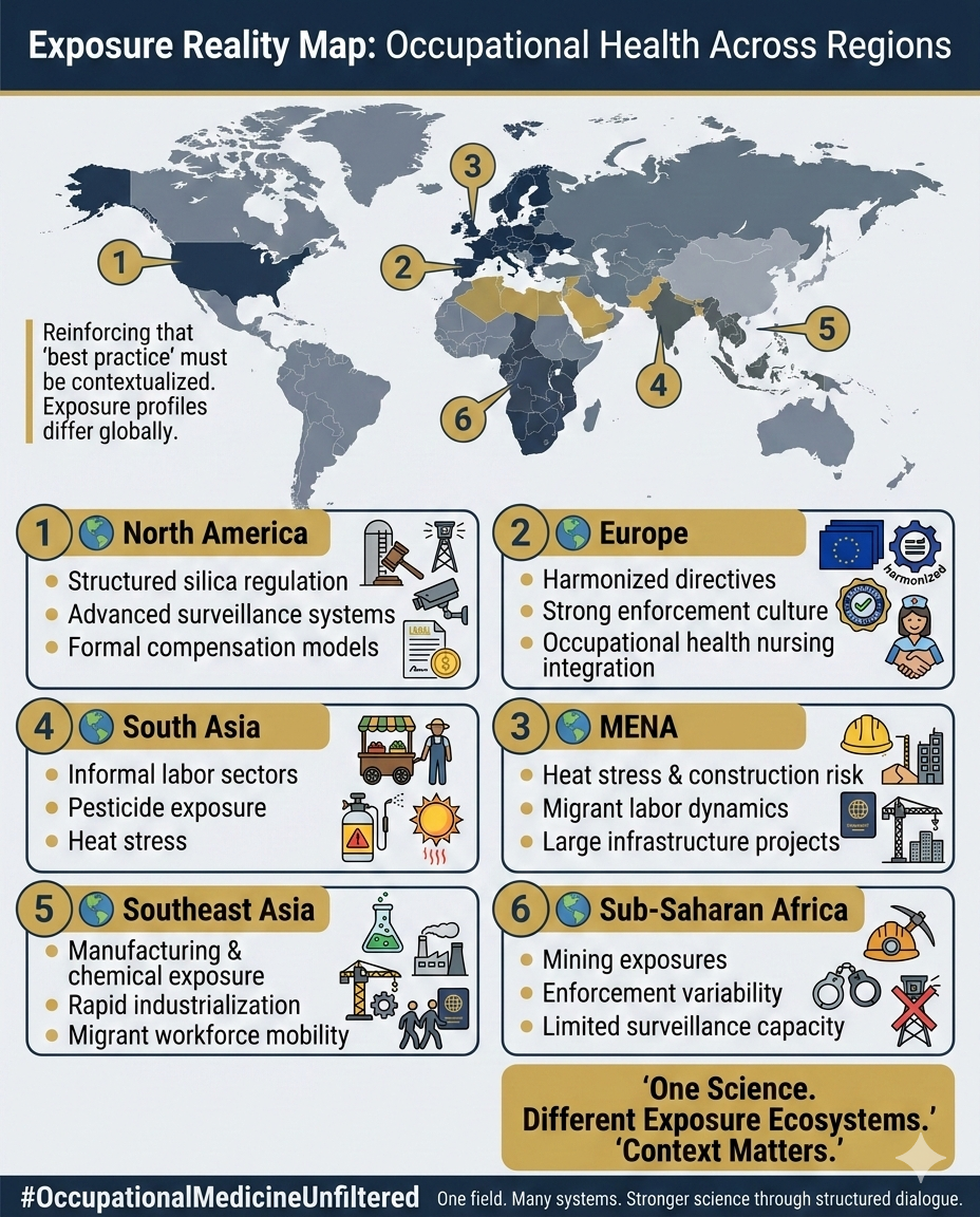 Map showing global occupational health trends: North America to Sub-Saharan Africa. Highlights regional exposure profiles, risks, and context. #OccupationalMedicineUnfiltered