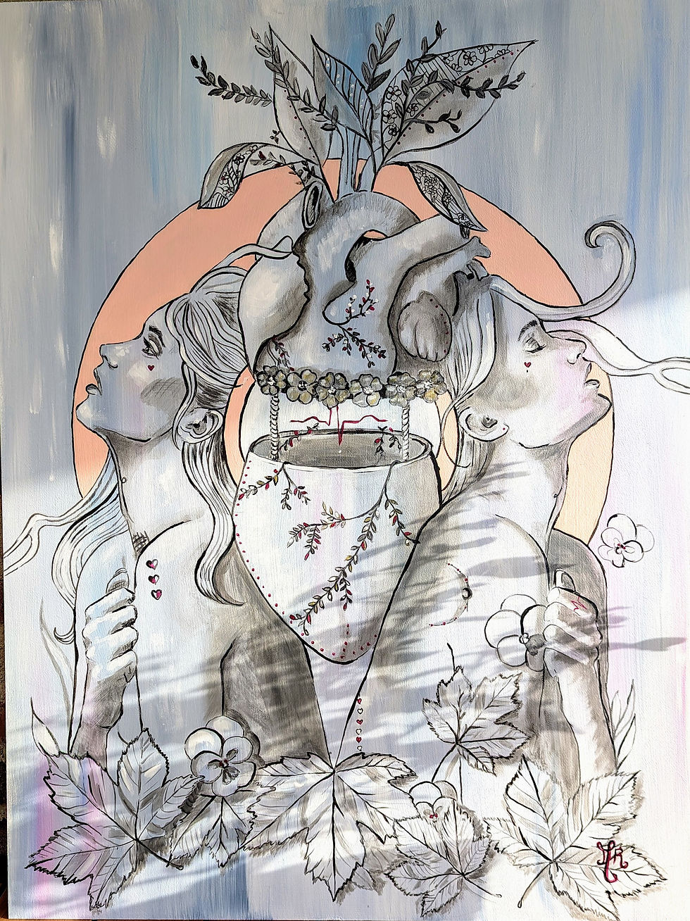 cœur représenté de façon poétique entouré de deux femmes