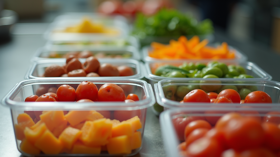 Eye-level view of meal prep containers filled with colorful ingredients