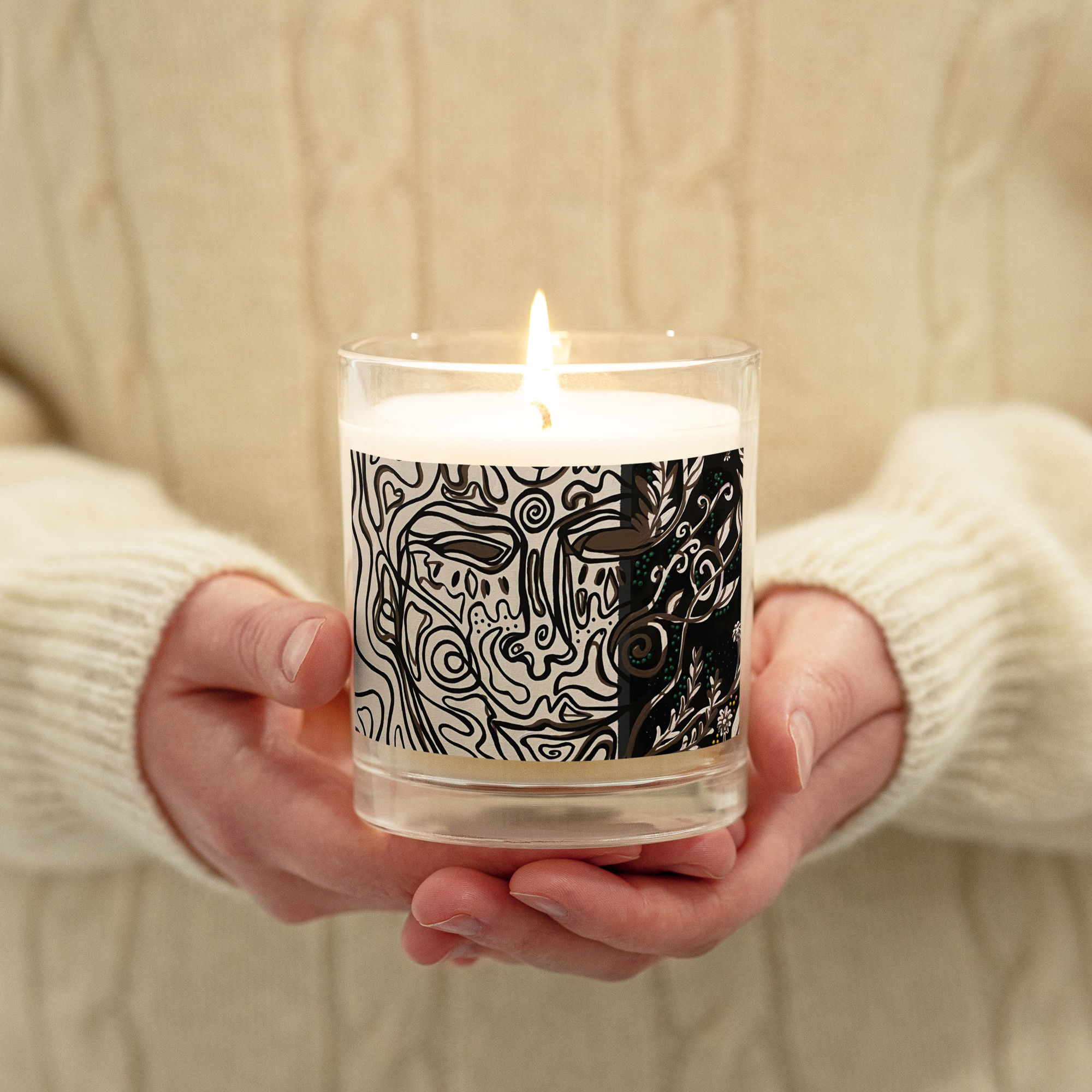 Glass jar soy wax candle with elements of "Not Here" by Tianna Hall