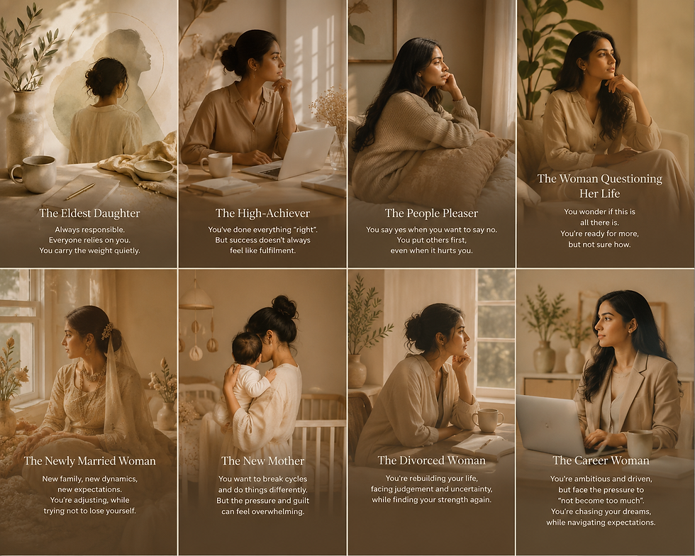 Navigating Life's Chapters: The image captures various stages and roles of a woman's journey—from the responsible eldest daughter and striving high-achiever to the introspective woman questioning her path. It reflects the balance between societal expectations and personal fulfillment, showcasing the strength and resilience required in each role.