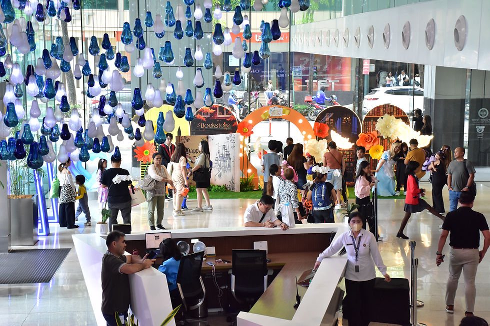 Inside The Globe Tower with Ka-Globe families lining up at the Happiest Ever After photo wall