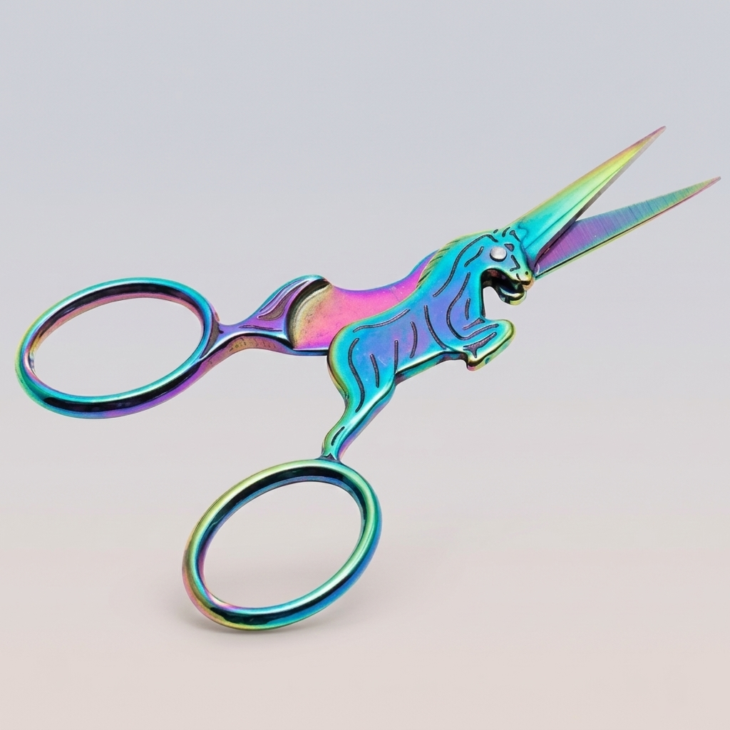 Unicorn Rainbow 10 cm makas, renkli gökkuşağı tasarımlı, nakış ve dikiş projeleri için hassas çelik makas