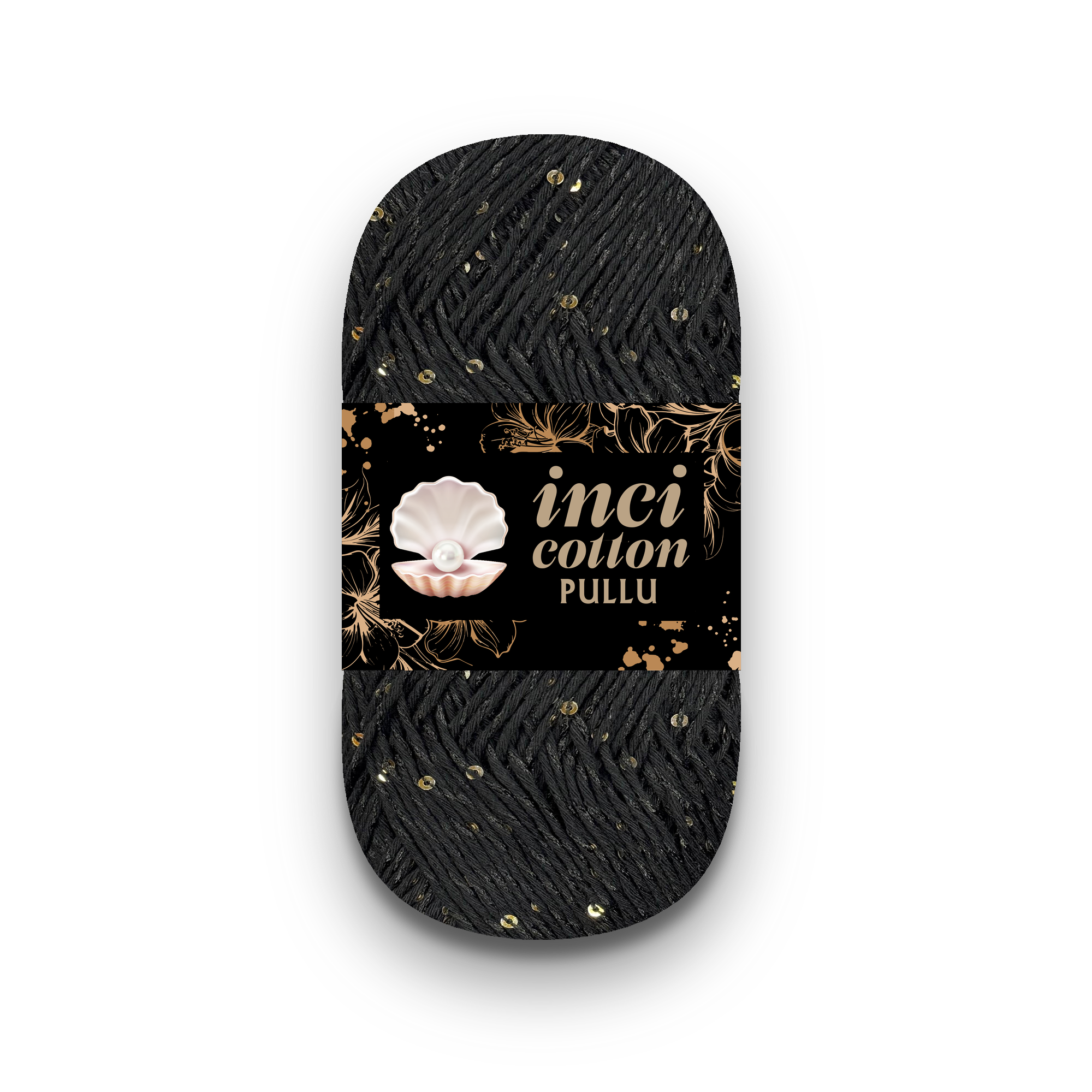 İnci Cotton Pullu iplik siyah renk, %50 pamuk – %45 polyester – %5 pul, el örgü ve tığ projeleri için yumuşak ve ışıltılı ipl