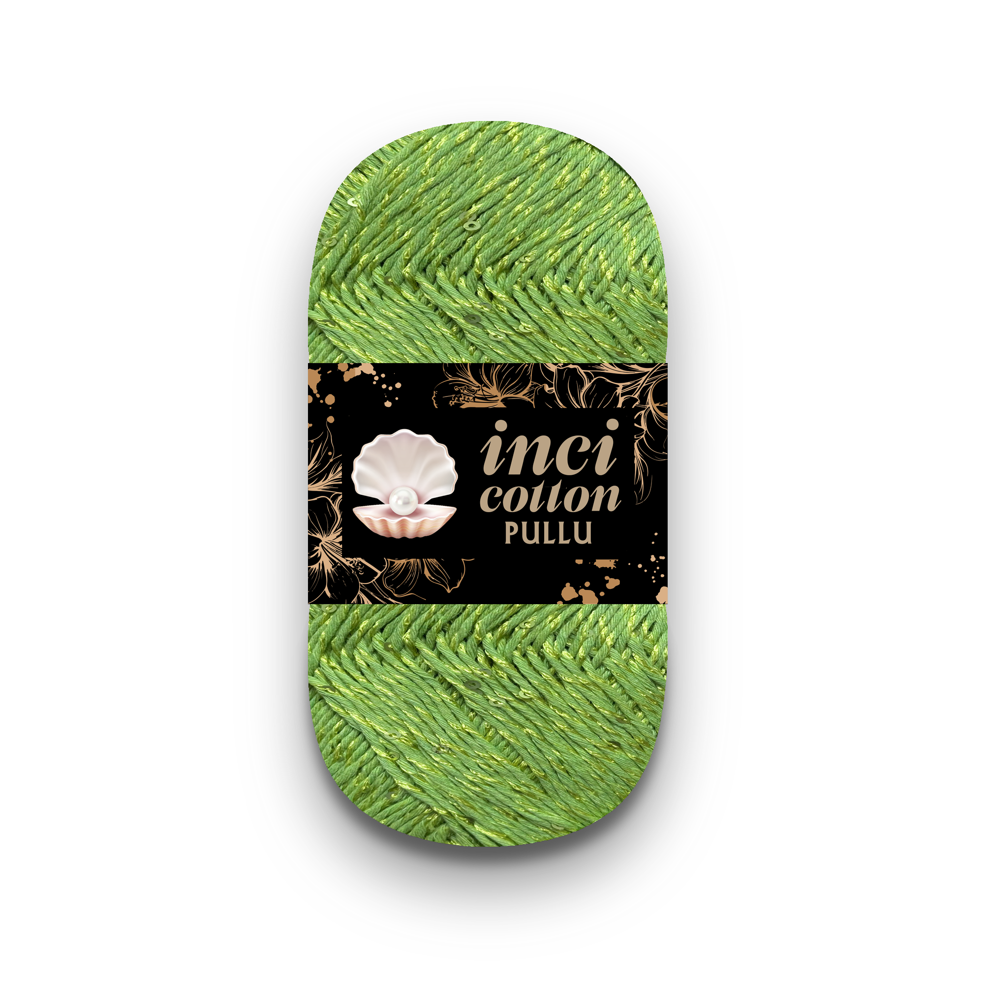 İnci Cotton Pullu iplik fıstık yeşil renk, %50 pamuk – %45 polyester – %5 pul, el örgü ve tığ projeleri için yumuşak ve