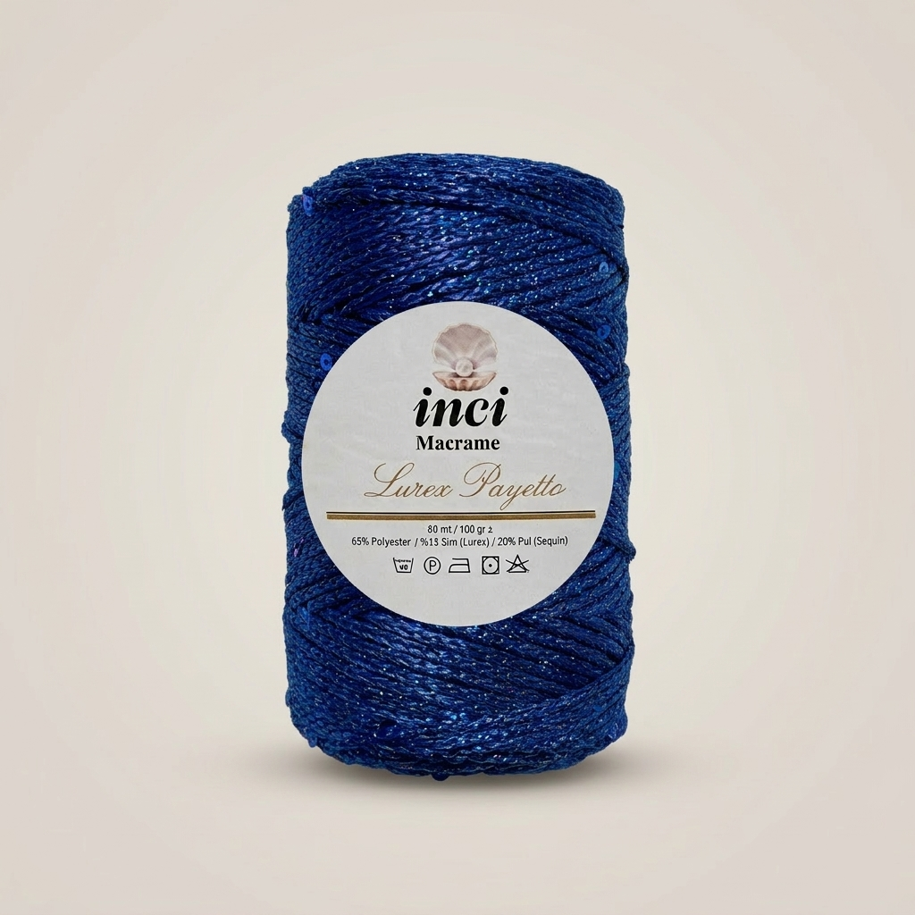 İnci Macrame Lurex Payetto pul simli makrome ipi, 80 m, saks mavisi